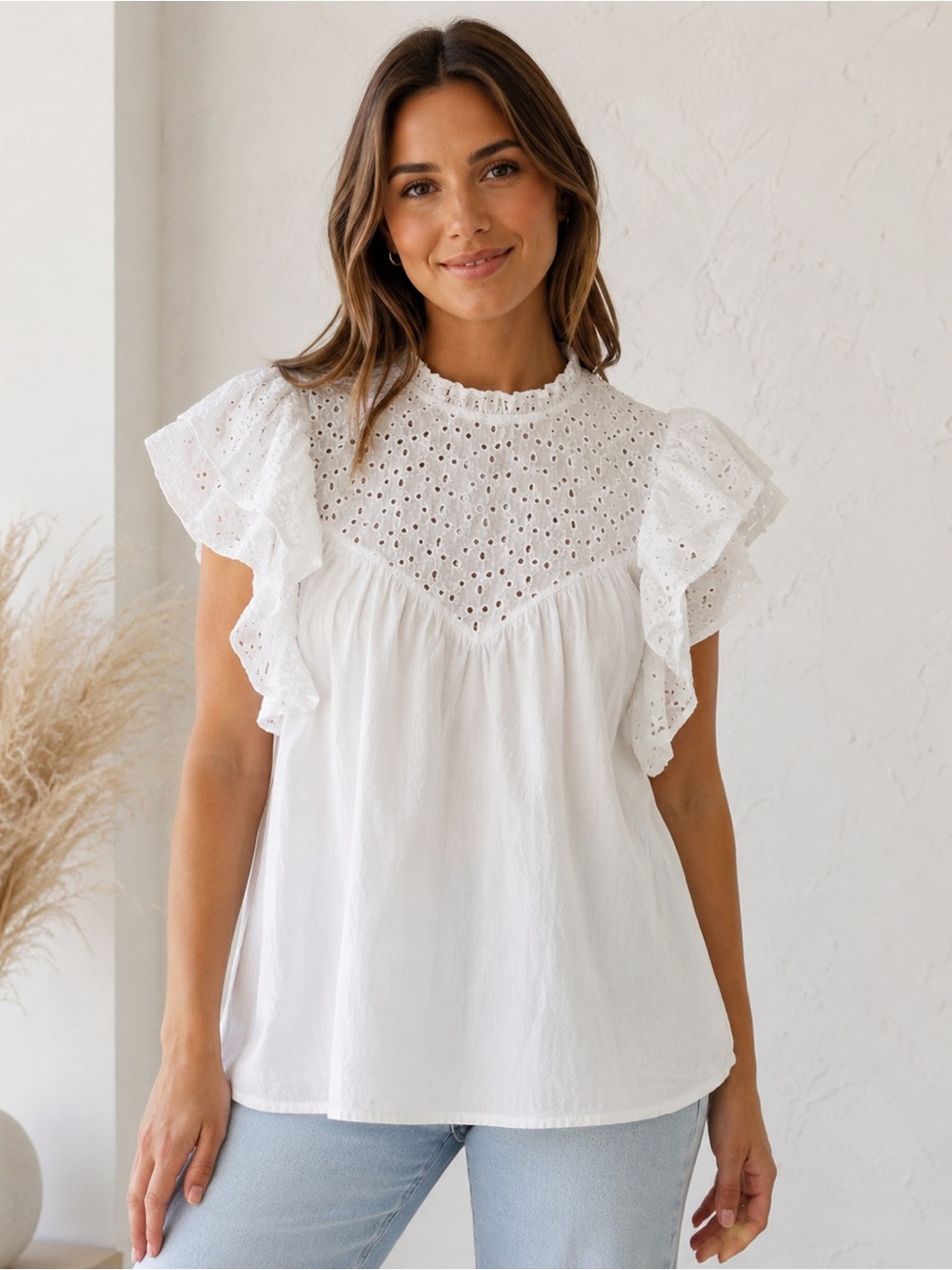 A New Day 100% Cotton Eyelet Ruffle Sleeve white ecru Blouse size Small